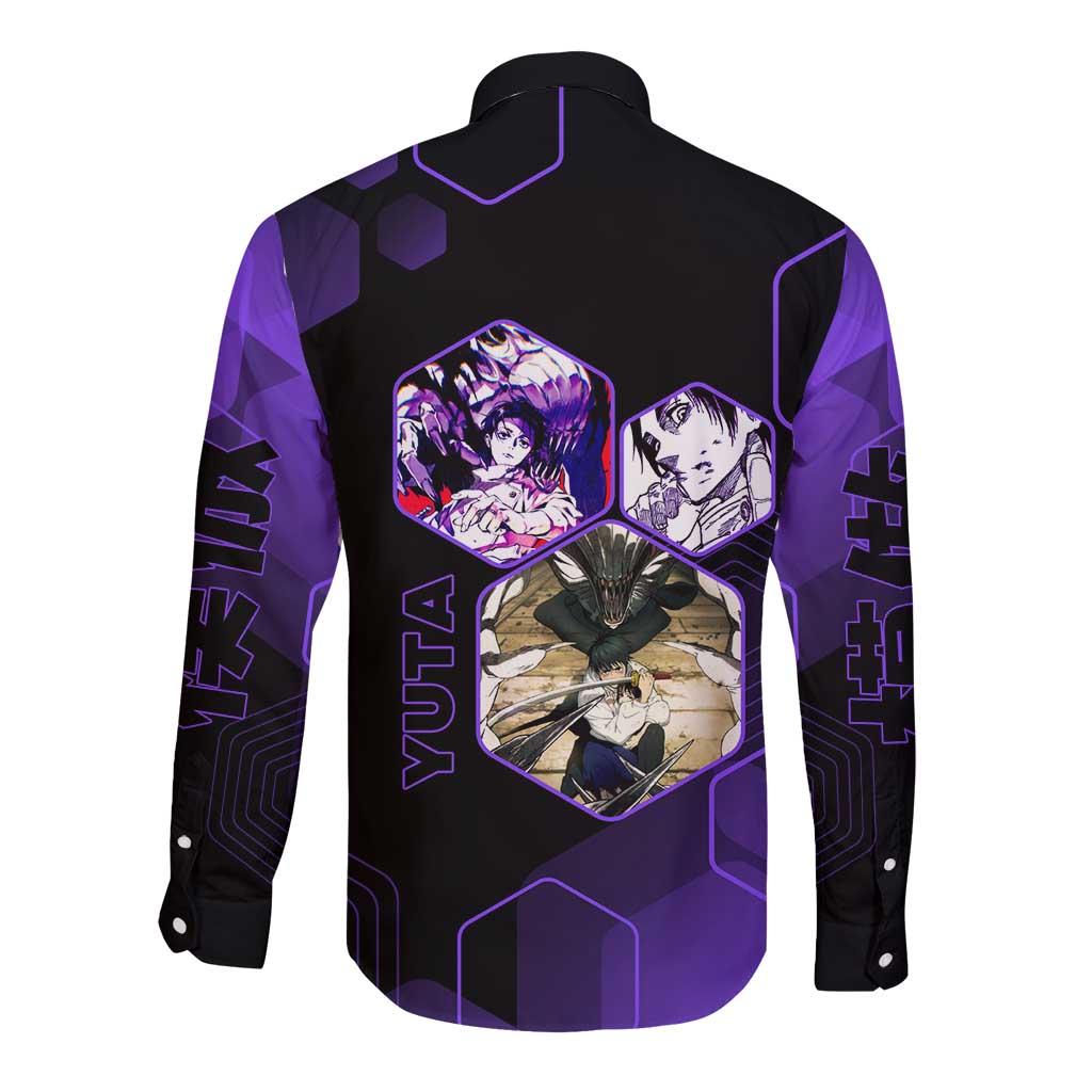 Yuta Okkotsu Jujutsu Kaisen Long Sleeve Button Shirt Purple Hexagon Design - The Mazicc