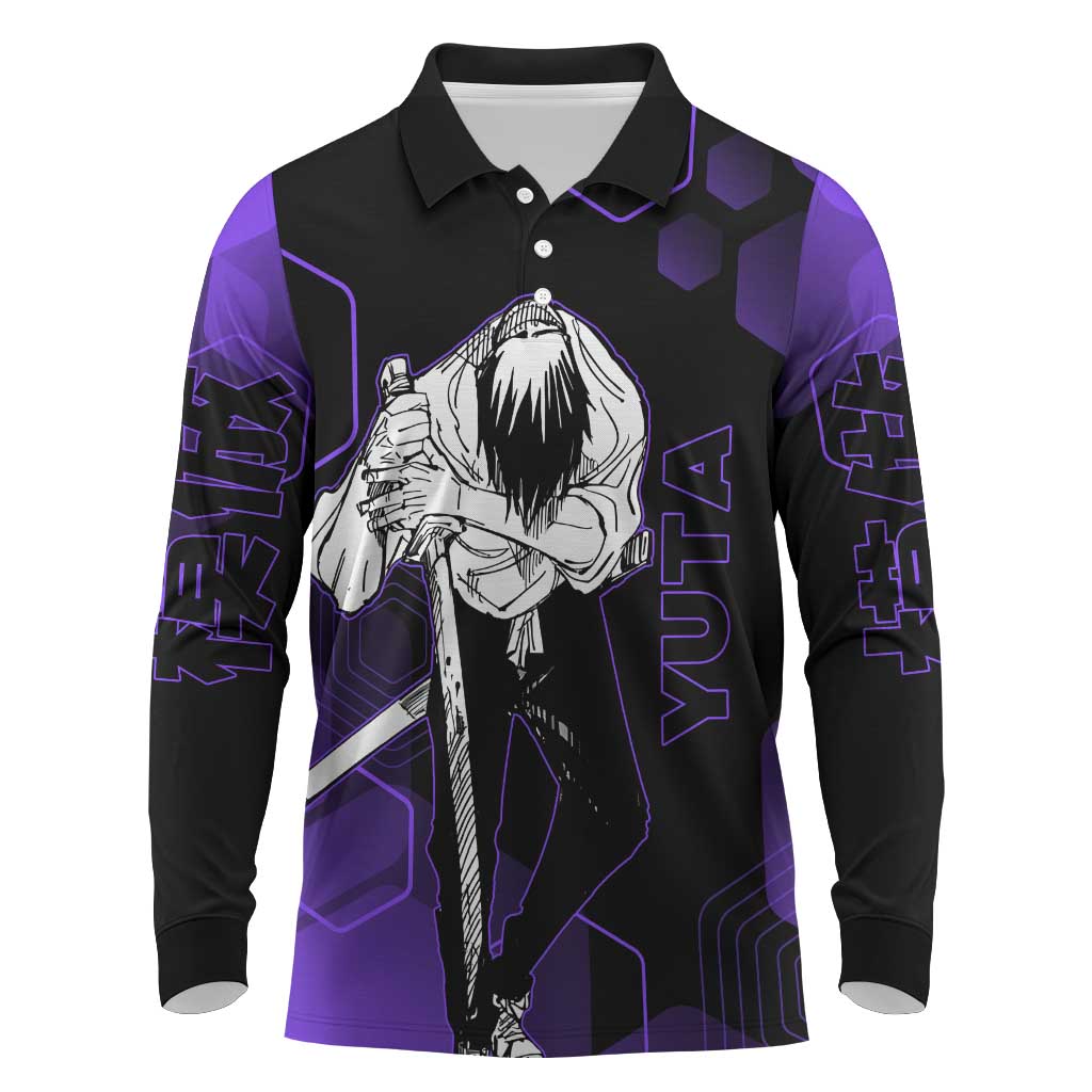 Yuta Okkotsu Jujutsu Kaisen Long Sleeve Polo Shirt Purple Hexagon Design - The Mazicc