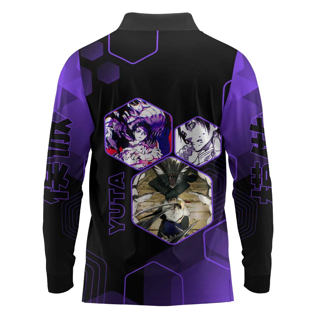 Yuta Okkotsu Jujutsu Kaisen Long Sleeve Polo Shirt Purple Hexagon Design - The Mazicc