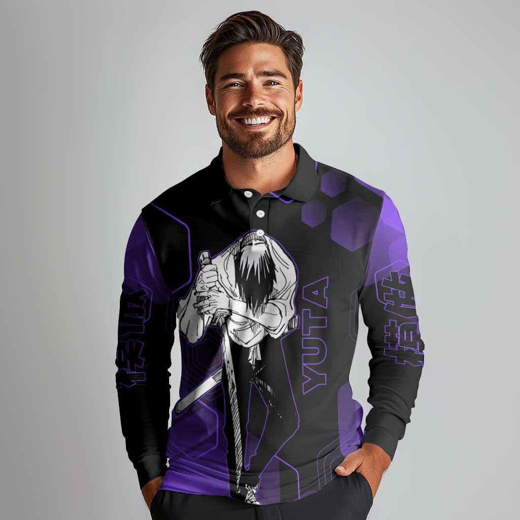 Yuta Okkotsu Jujutsu Kaisen Long Sleeve Polo Shirt Purple Hexagon Design - The Mazicc