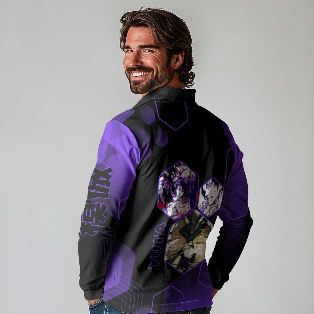 Yuta Okkotsu Jujutsu Kaisen Long Sleeve Polo Shirt Purple Hexagon Design - The Mazicc