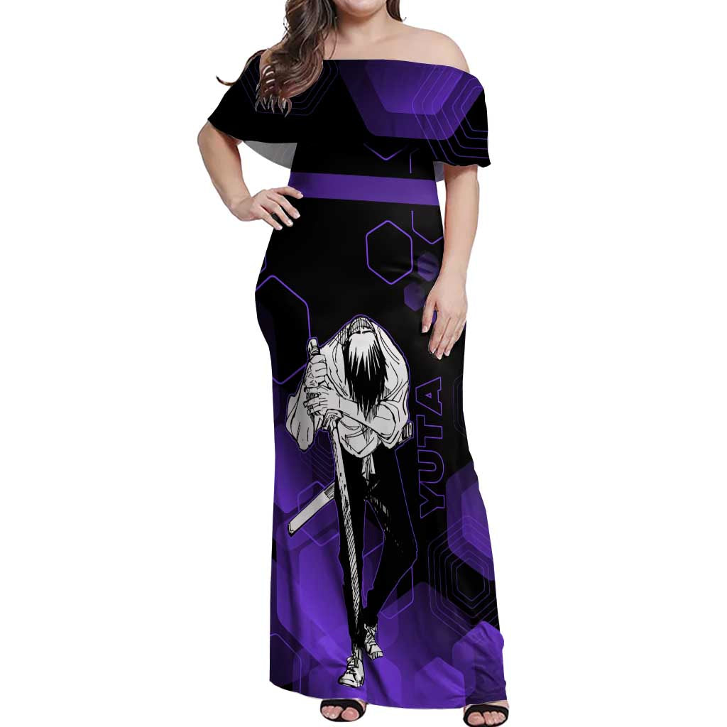 Yuta Okkotsu Jujutsu Kaisen Off Shoulder Maxi Dress Purple Hexagon Design - The Mazicc