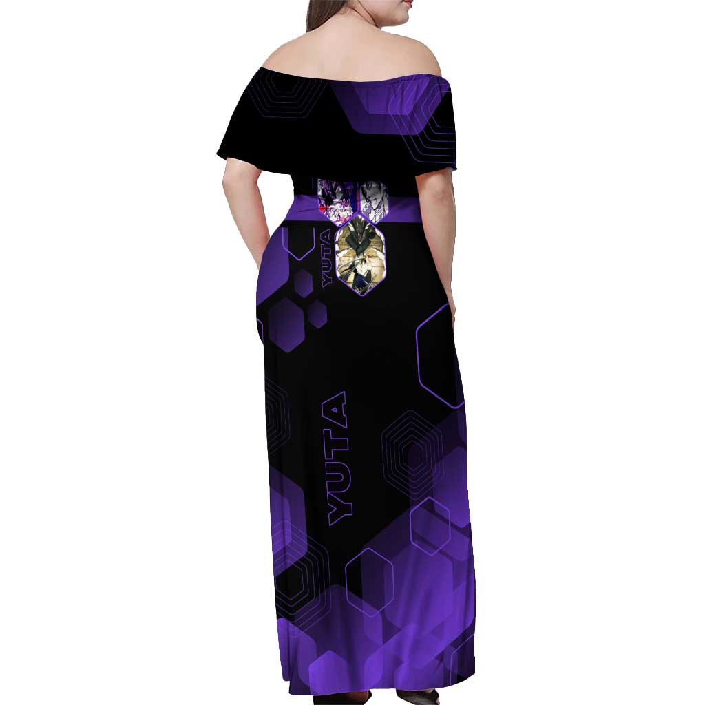 Yuta Okkotsu Jujutsu Kaisen Off Shoulder Maxi Dress Purple Hexagon Design - The Mazicc
