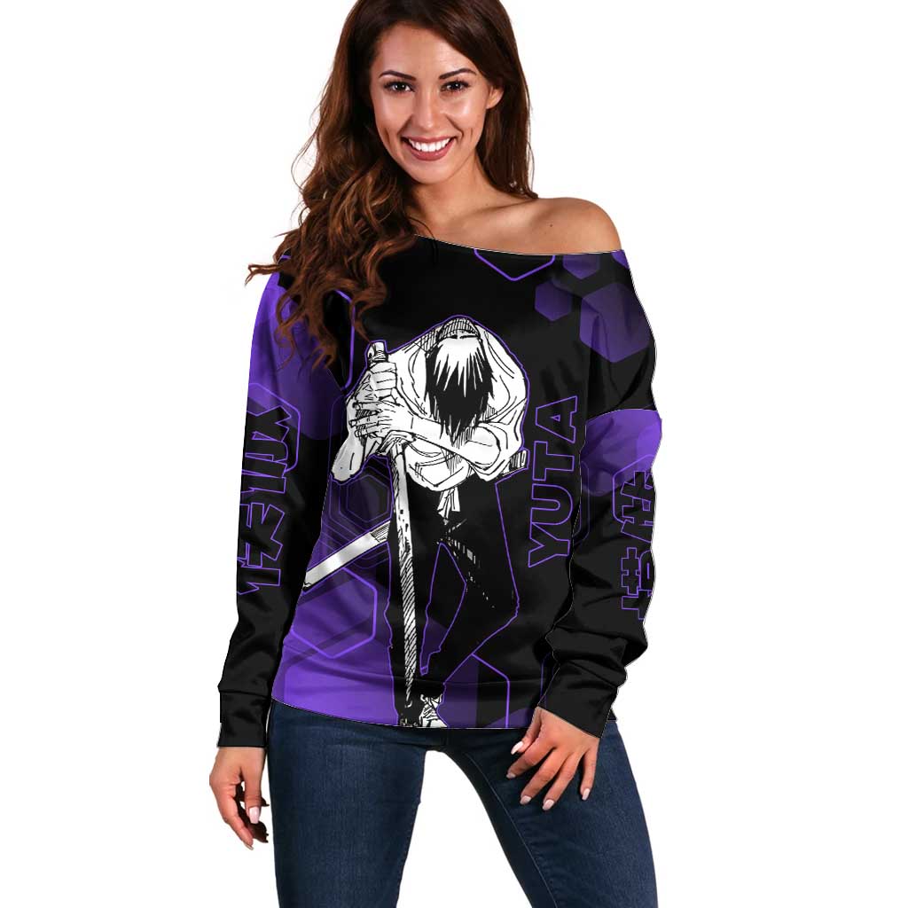 Yuta Okkotsu Jujutsu Kaisen Off Shoulder Sweater Purple Hexagon Design - The Mazicc