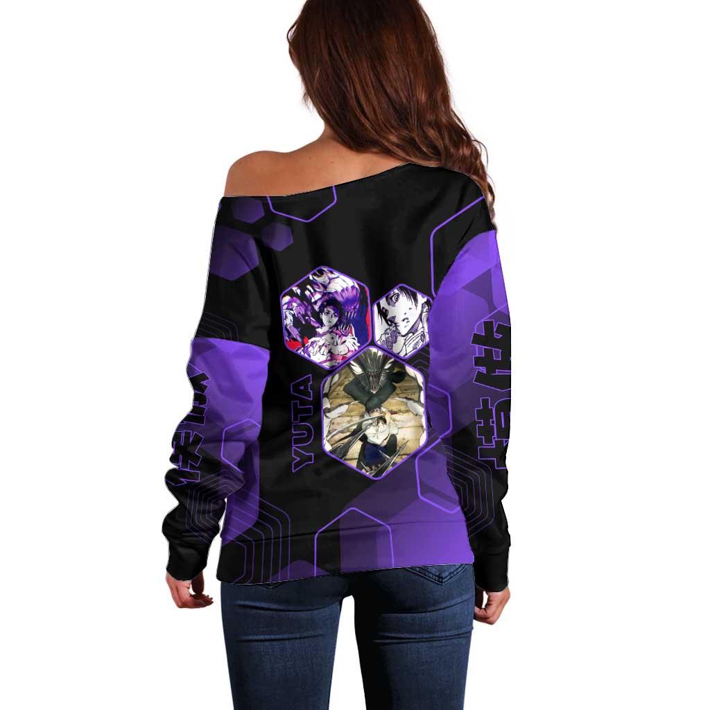 Yuta Okkotsu Jujutsu Kaisen Off Shoulder Sweater Purple Hexagon Design - The Mazicc