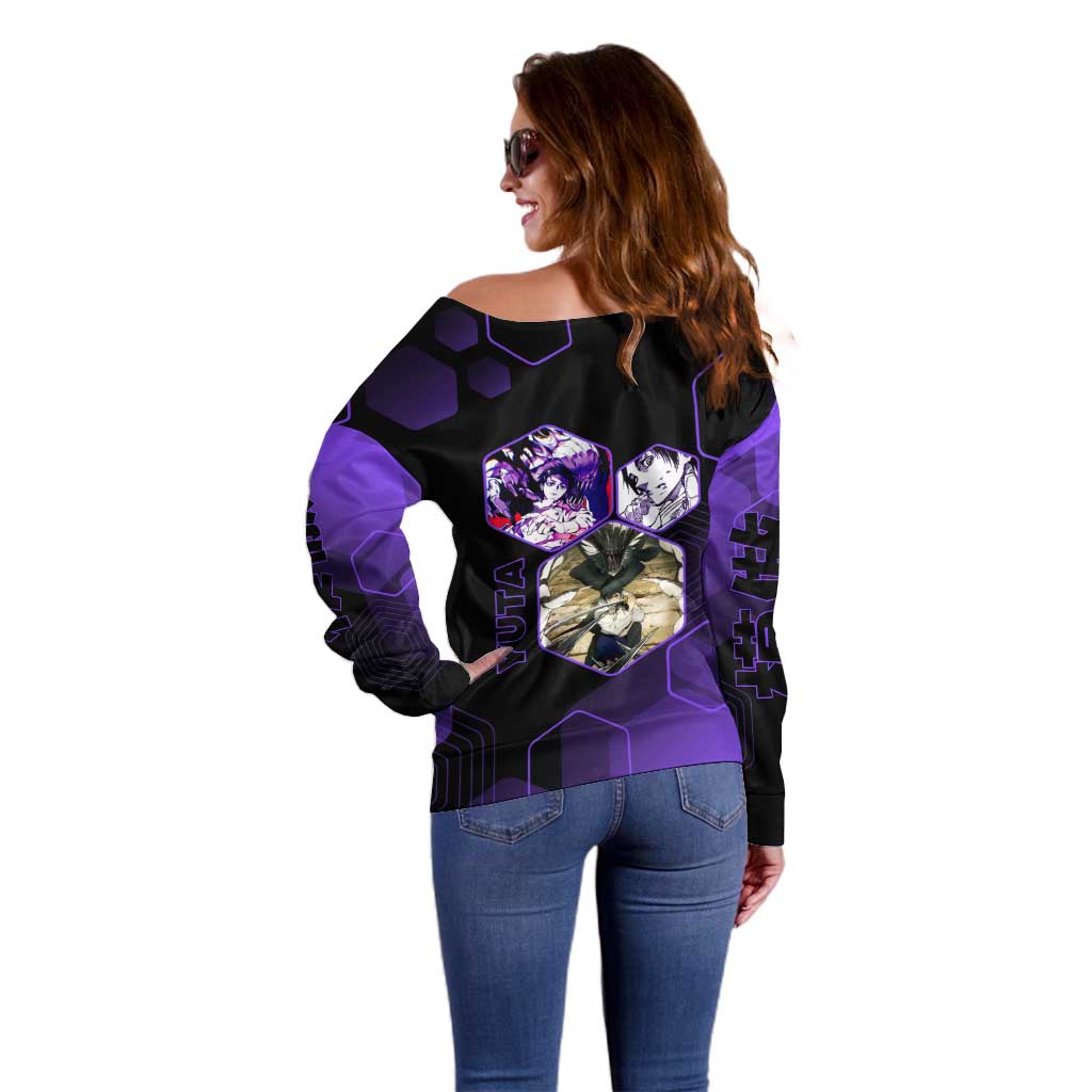Yuta Okkotsu Jujutsu Kaisen Off Shoulder Sweater Purple Hexagon Design - The Mazicc