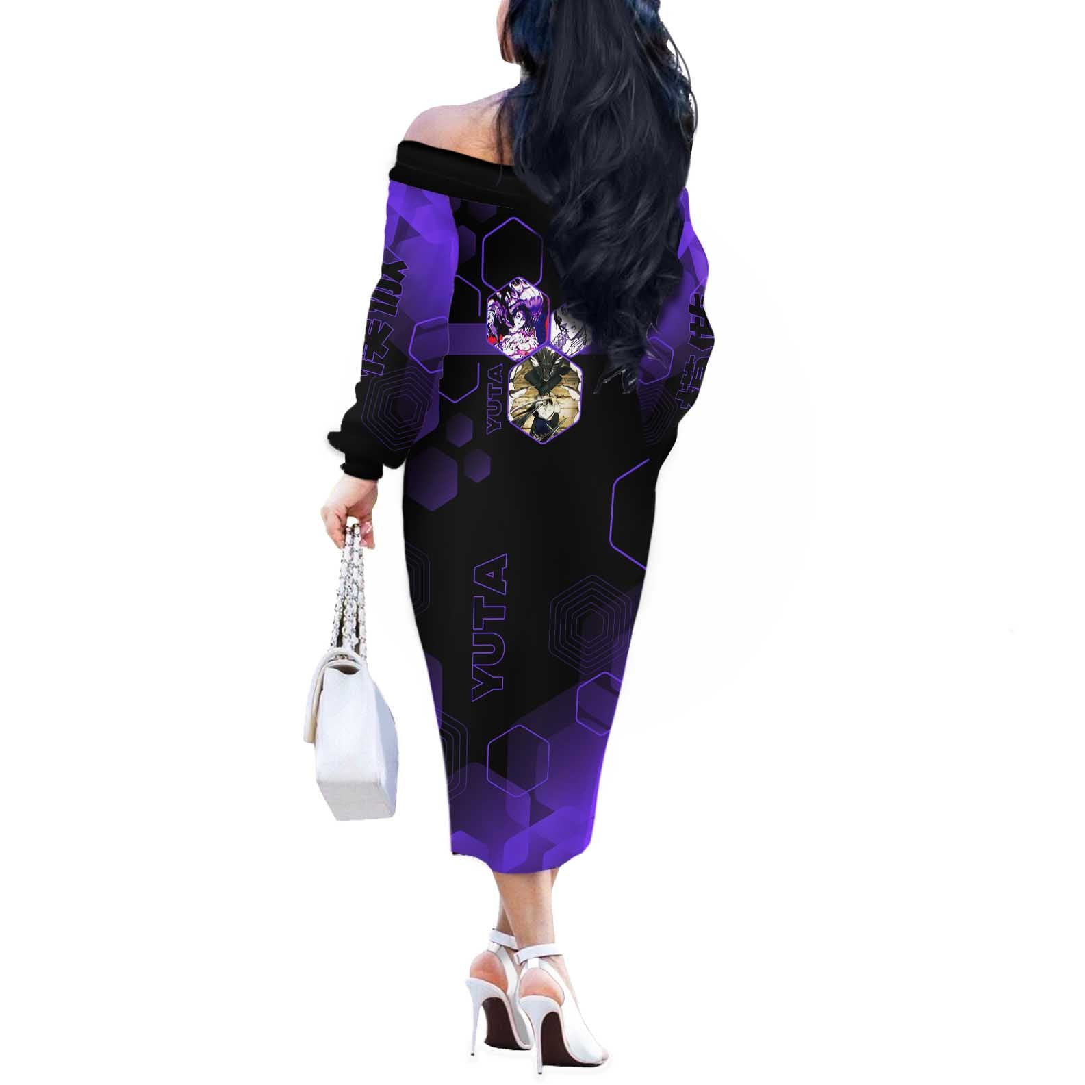 Yuta Okkotsu Jujutsu Kaisen Off The Shoulder Long Sleeve Dress Purple Hexagon Design - The Mazicc