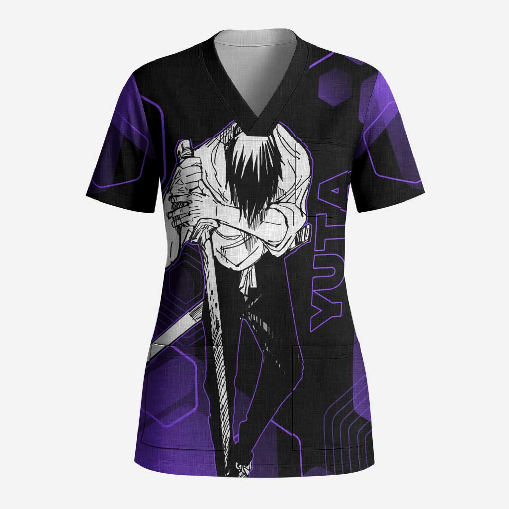Yuta Okkotsu Jujutsu Kaisen Scrub Top Purple Hexagon Design - The Mazicc
