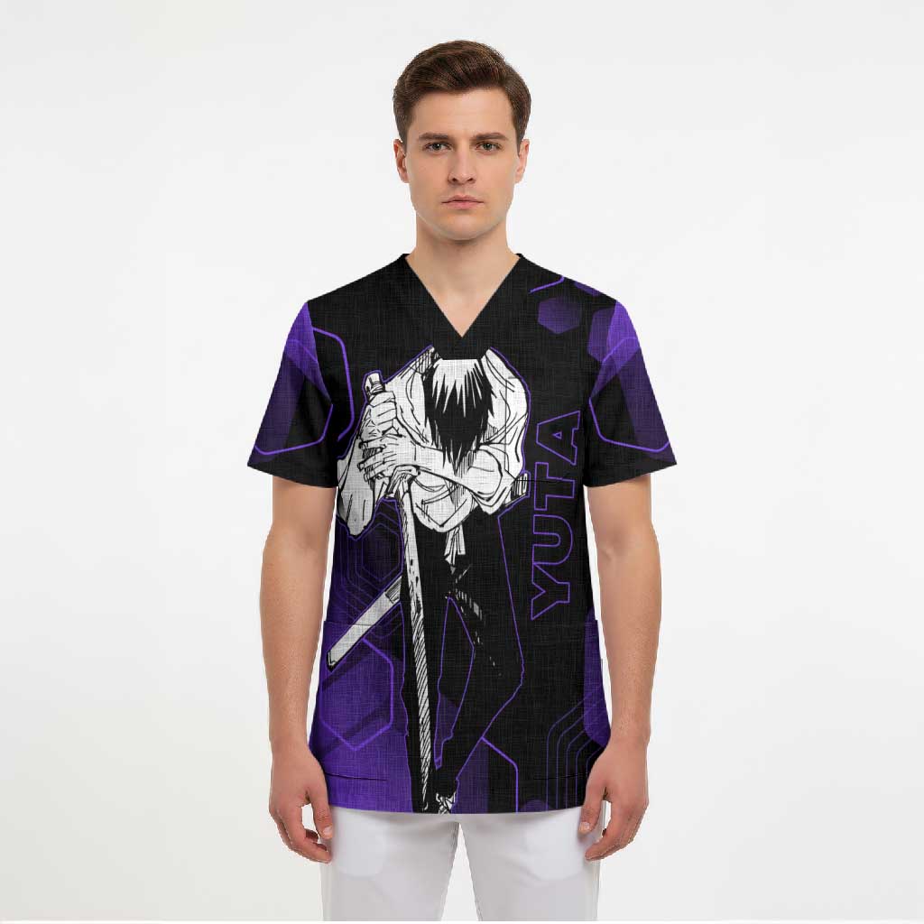 Yuta Okkotsu Jujutsu Kaisen Scrub Top Purple Hexagon Design - The Mazicc