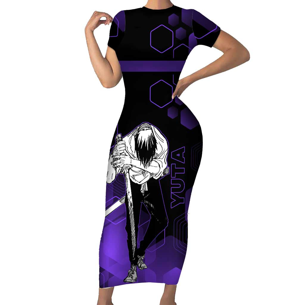 Yuta Okkotsu Jujutsu Kaisen Short Sleeve Bodycon Dress Purple Hexagon Design - The Mazicc