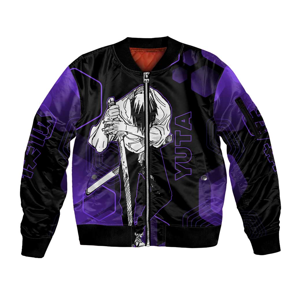 Yuta Okkotsu Jujutsu Kaisen Sleeve Zip Bomber Jacket Purple Hexagon Design - The Mazicc