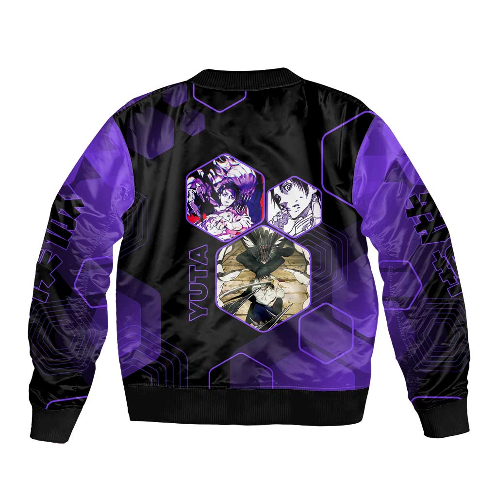 Yuta Okkotsu Jujutsu Kaisen Sleeve Zip Bomber Jacket Purple Hexagon Design - The Mazicc