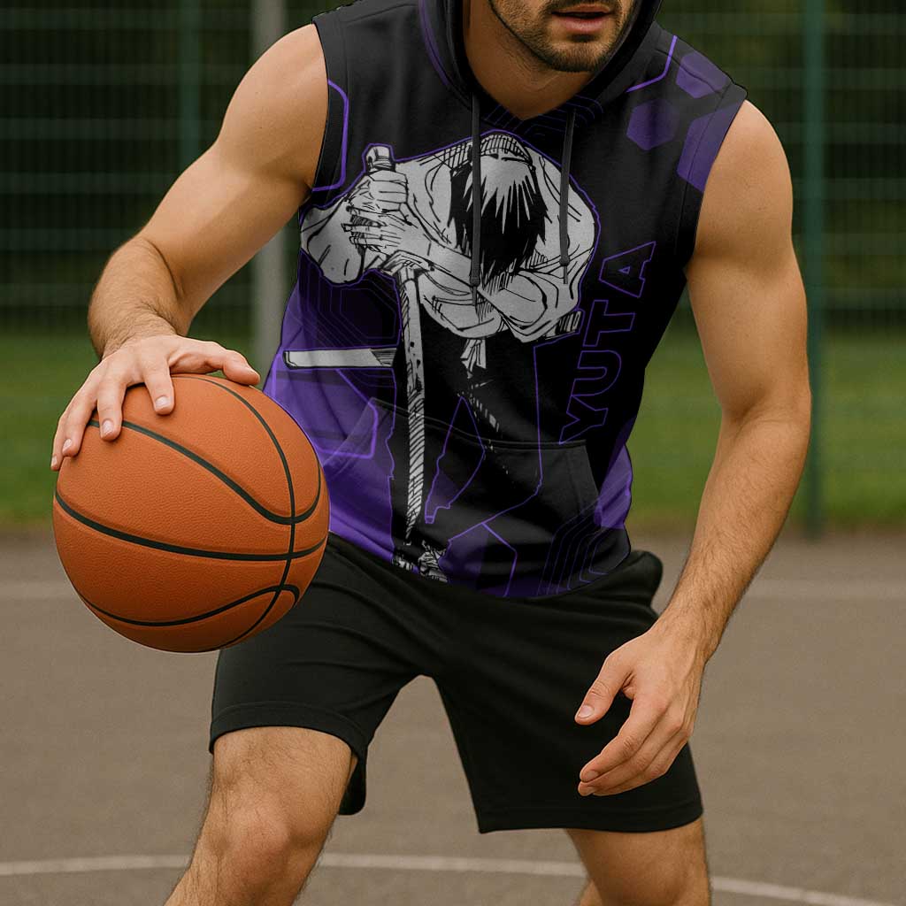 Yuta Okkotsu Jujutsu Kaisen Sleeveless Hoodie Purple Hexagon Design - The Mazicc