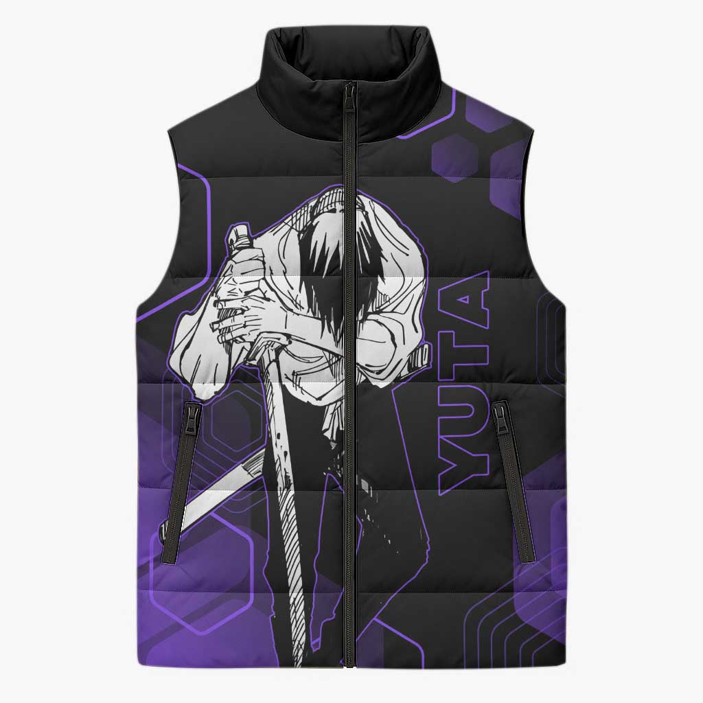 Yuta Okkotsu Jujutsu Kaisen Sleeveless Puffer Jacket Purple Hexagon Design - The Mazicc