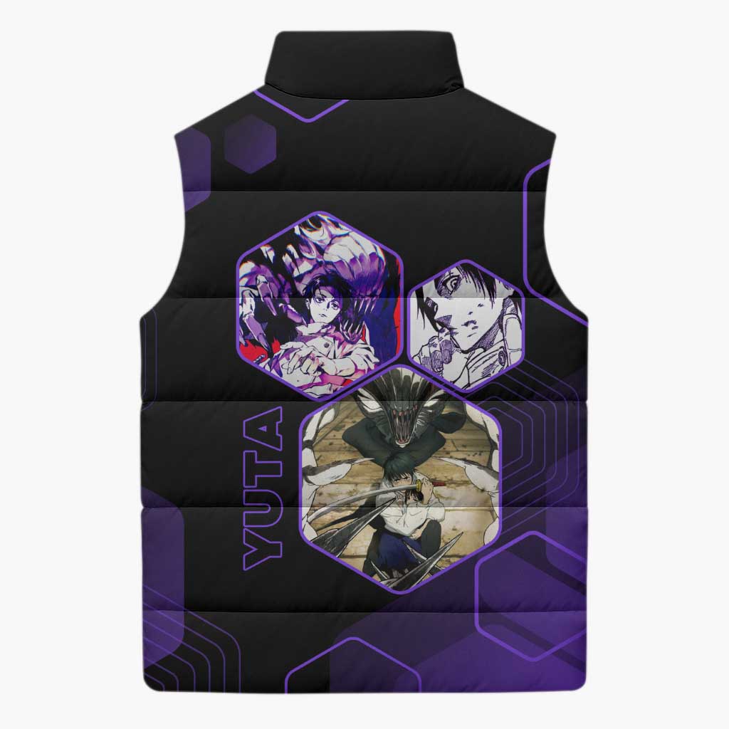 Yuta Okkotsu Jujutsu Kaisen Sleeveless Puffer Jacket Purple Hexagon Design - The Mazicc