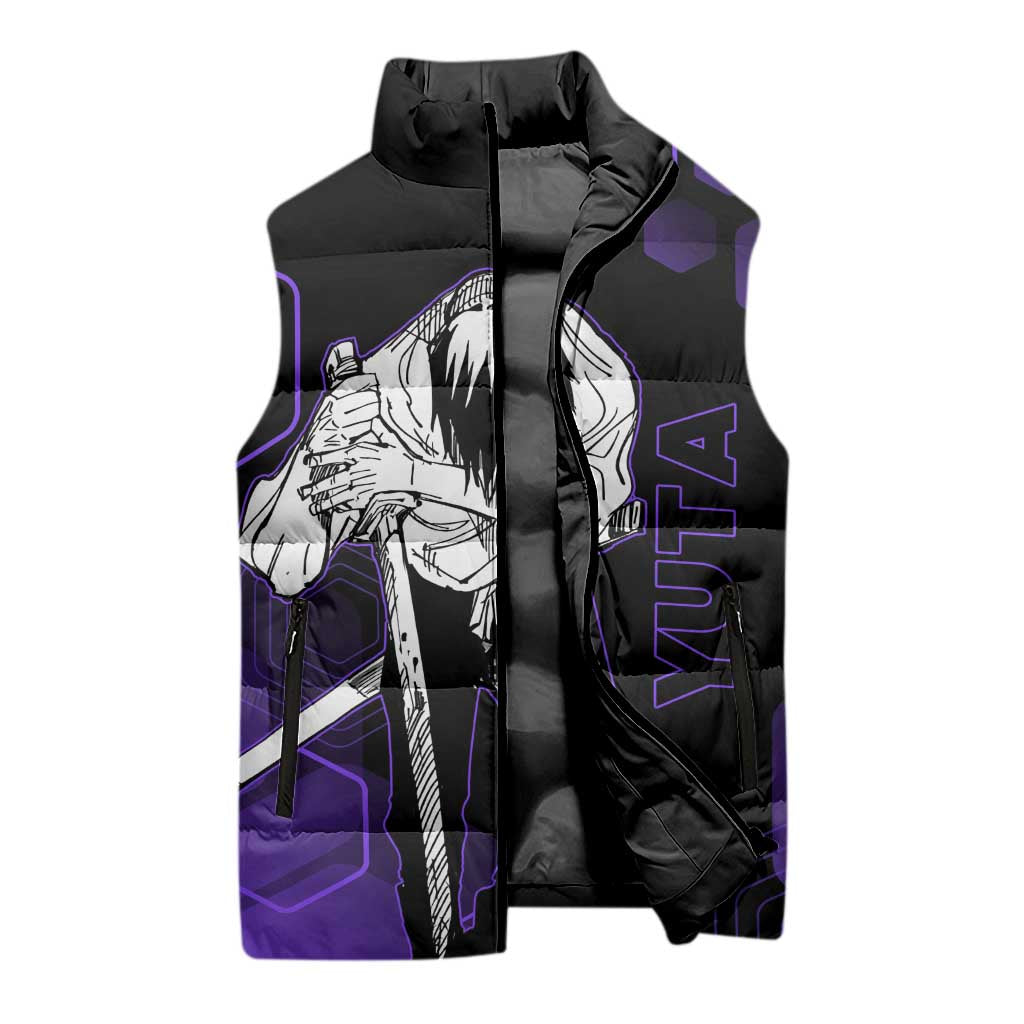 Yuta Okkotsu Jujutsu Kaisen Sleeveless Puffer Jacket Purple Hexagon Design - The Mazicc
