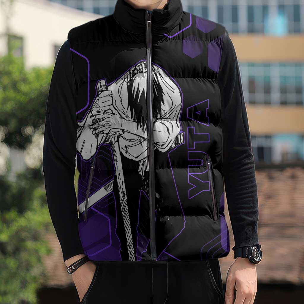 Yuta Okkotsu Jujutsu Kaisen Sleeveless Puffer Jacket Purple Hexagon Design - The Mazicc