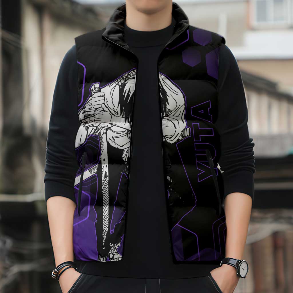 Yuta Okkotsu Jujutsu Kaisen Sleeveless Puffer Jacket Purple Hexagon Design - The Mazicc