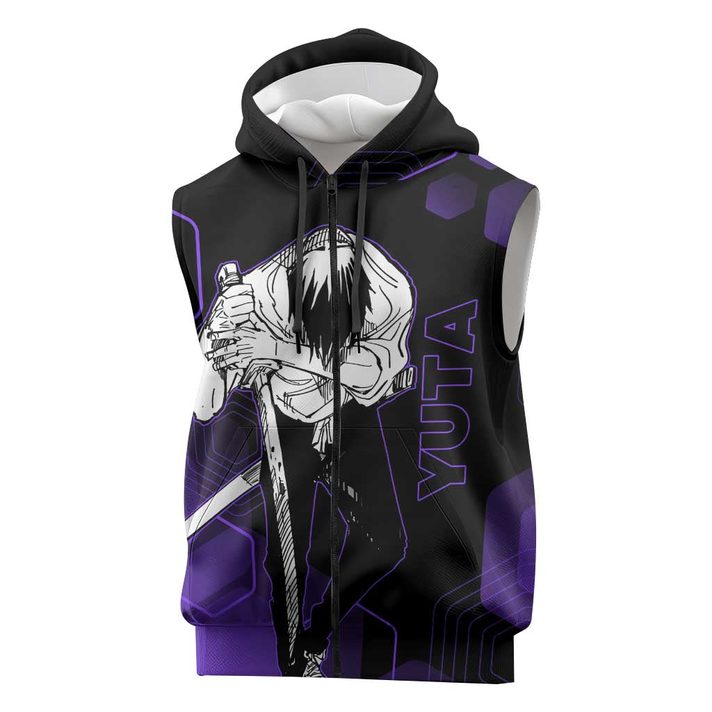 Yuta Okkotsu Jujutsu Kaisen Sleeveless Zip Hoodie Purple Hexagon Design - The Mazicc