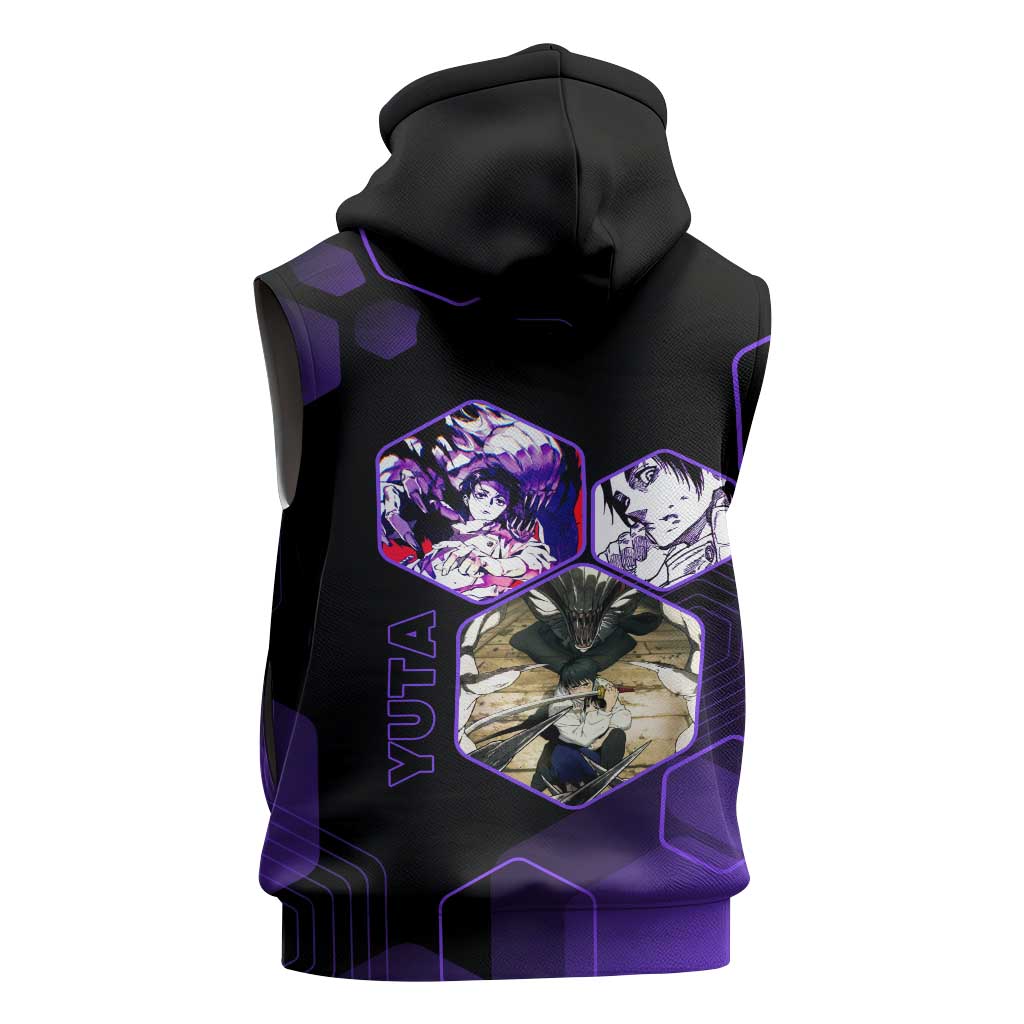 Yuta Okkotsu Jujutsu Kaisen Sleeveless Zip Hoodie Purple Hexagon Design - The Mazicc