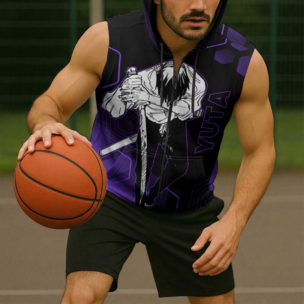 Yuta Okkotsu Jujutsu Kaisen Sleeveless Zip Hoodie Purple Hexagon Design - The Mazicc