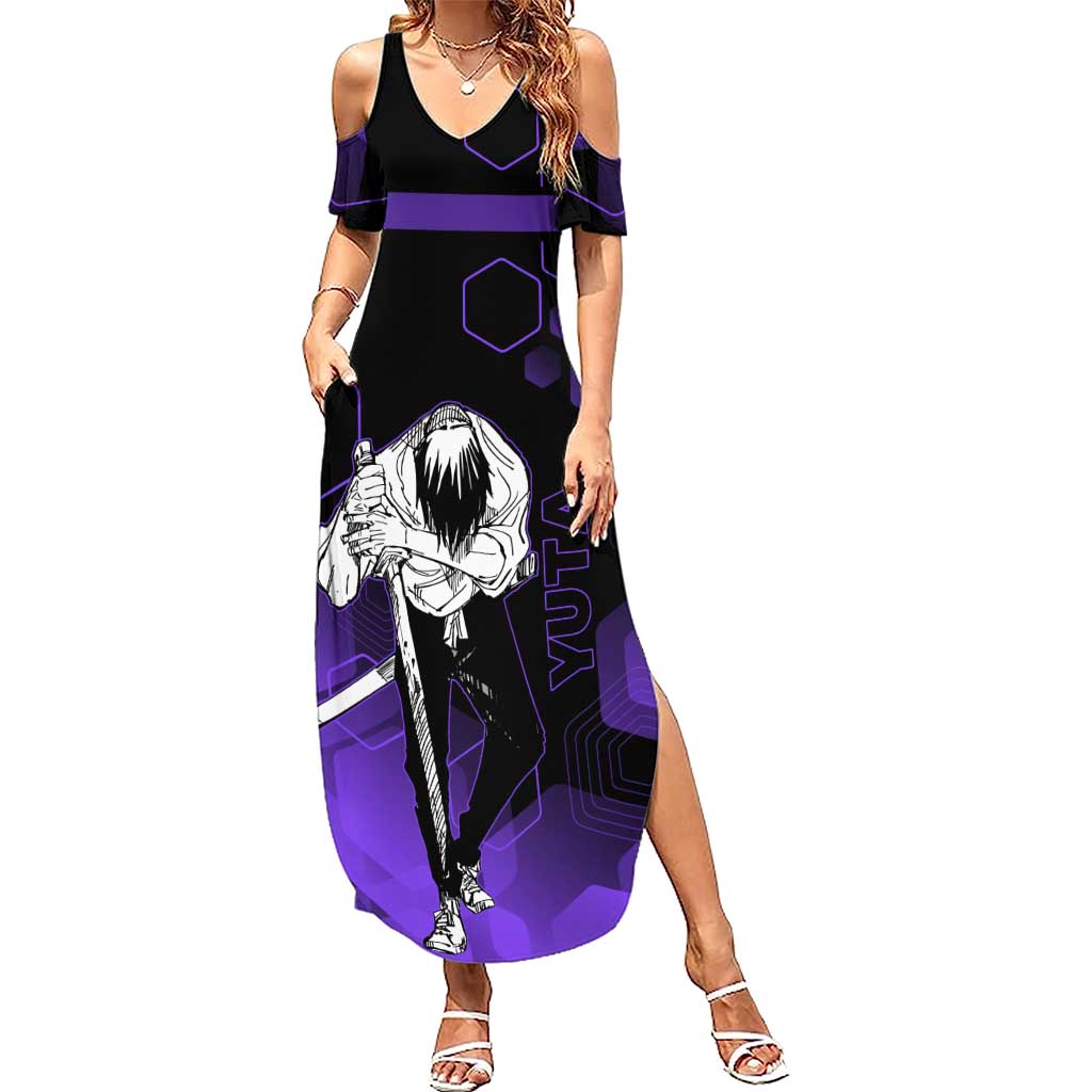 Yuta Okkotsu Jujutsu Kaisen Summer Maxi Dress Purple Hexagon Design - The Mazicc