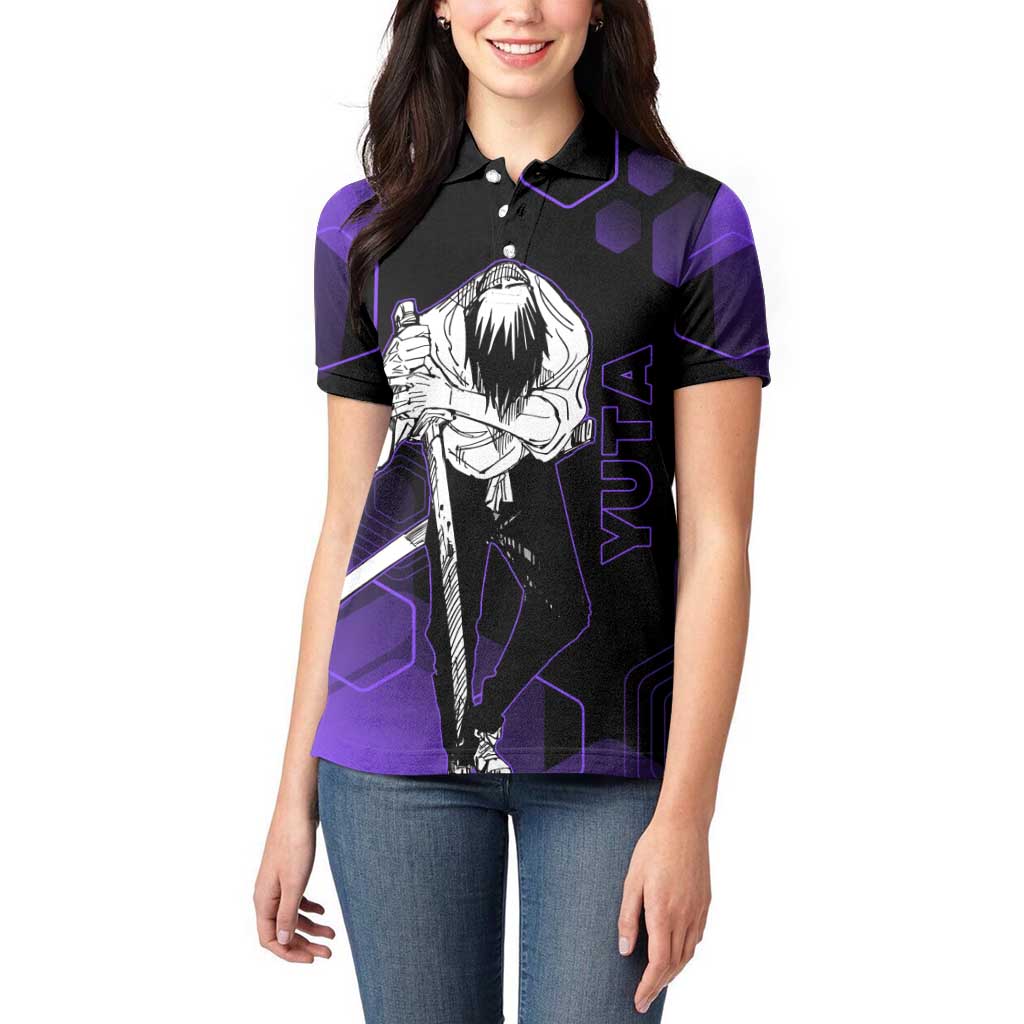 Yuta Okkotsu Jujutsu Kaisen Women Polo Shirt Purple Hexagon Design - The Mazicc