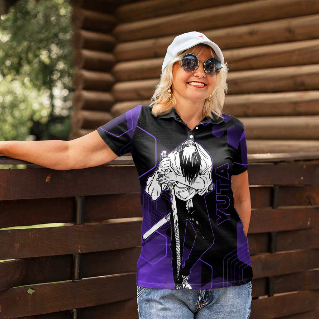 Yuta Okkotsu Jujutsu Kaisen Women Polo Shirt Purple Hexagon Design - The Mazicc