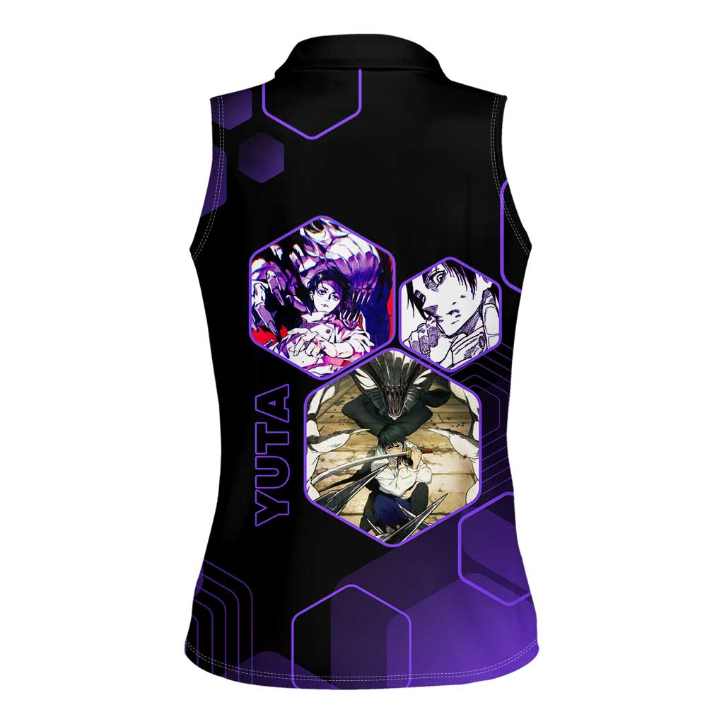 Yuta Okkotsu Jujutsu Kaisen Women Sleeveless Polo Shirt Purple Hexagon Design - The Mazicc