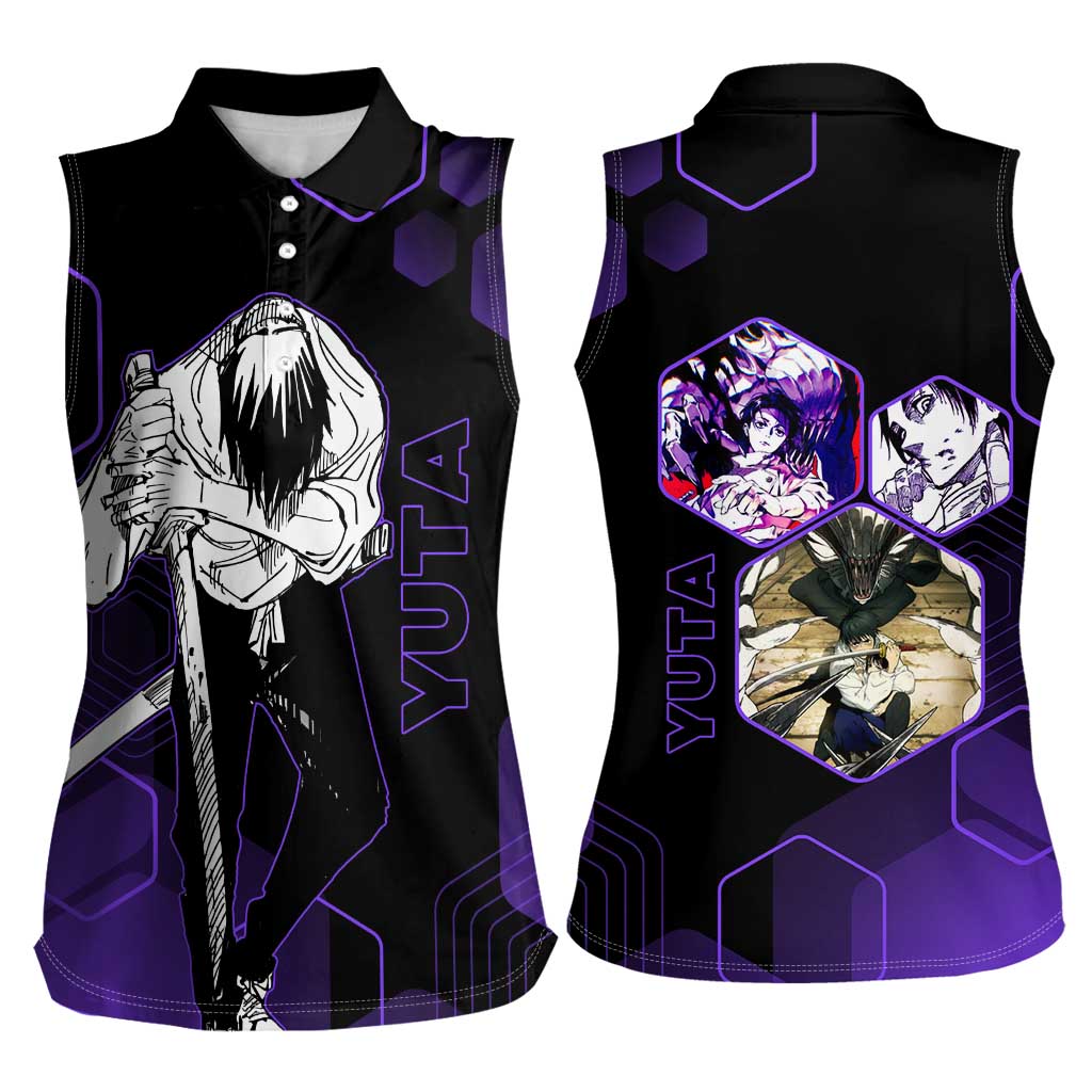 Yuta Okkotsu Jujutsu Kaisen Women Sleeveless Polo Shirt Purple Hexagon Design - The Mazicc