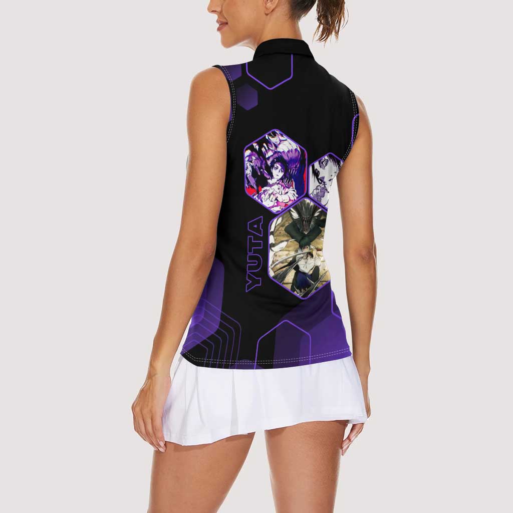 Yuta Okkotsu Jujutsu Kaisen Women Sleeveless Polo Shirt Purple Hexagon Design - The Mazicc