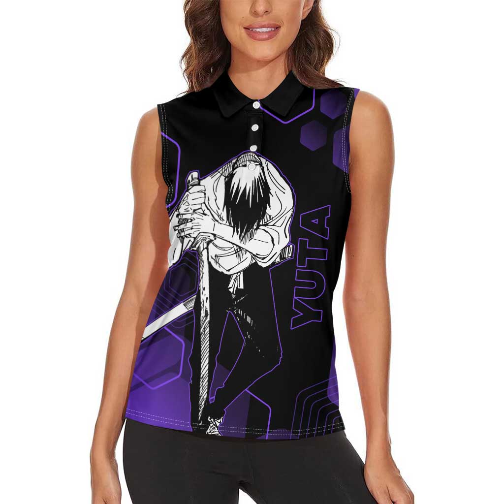 Yuta Okkotsu Jujutsu Kaisen Women Sleeveless Polo Shirt Purple Hexagon Design - The Mazicc