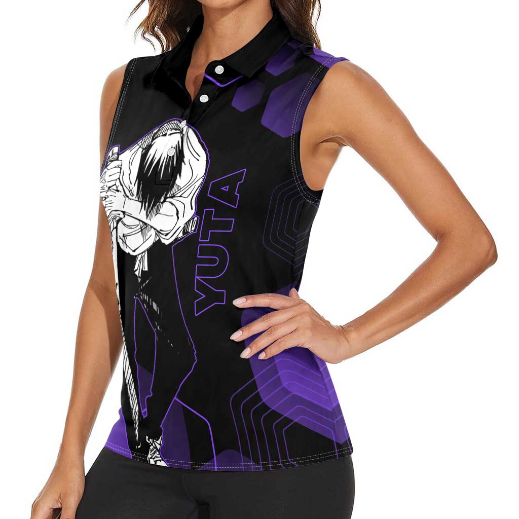 Yuta Okkotsu Jujutsu Kaisen Women Sleeveless Polo Shirt Purple Hexagon Design - The Mazicc