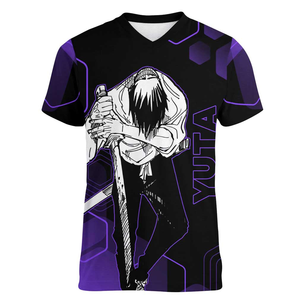Yuta Okkotsu Jujutsu Kaisen Women V-Neck T-Shirt Purple Hexagon Design - The Mazicc