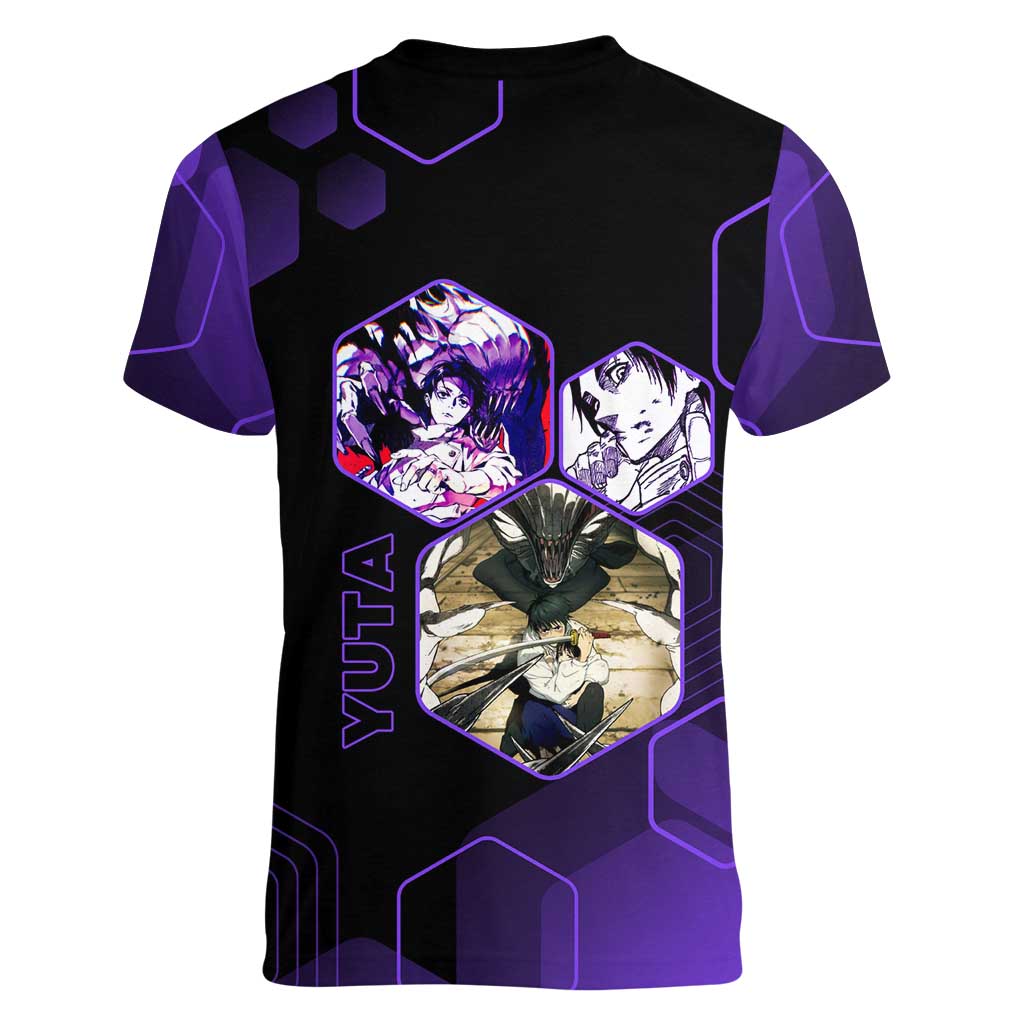 Yuta Okkotsu Jujutsu Kaisen Women V-Neck T-Shirt Purple Hexagon Design - The Mazicc