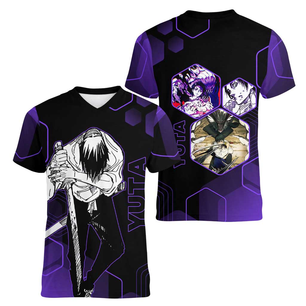 Yuta Okkotsu Jujutsu Kaisen Women V-Neck T-Shirt Purple Hexagon Design - The Mazicc