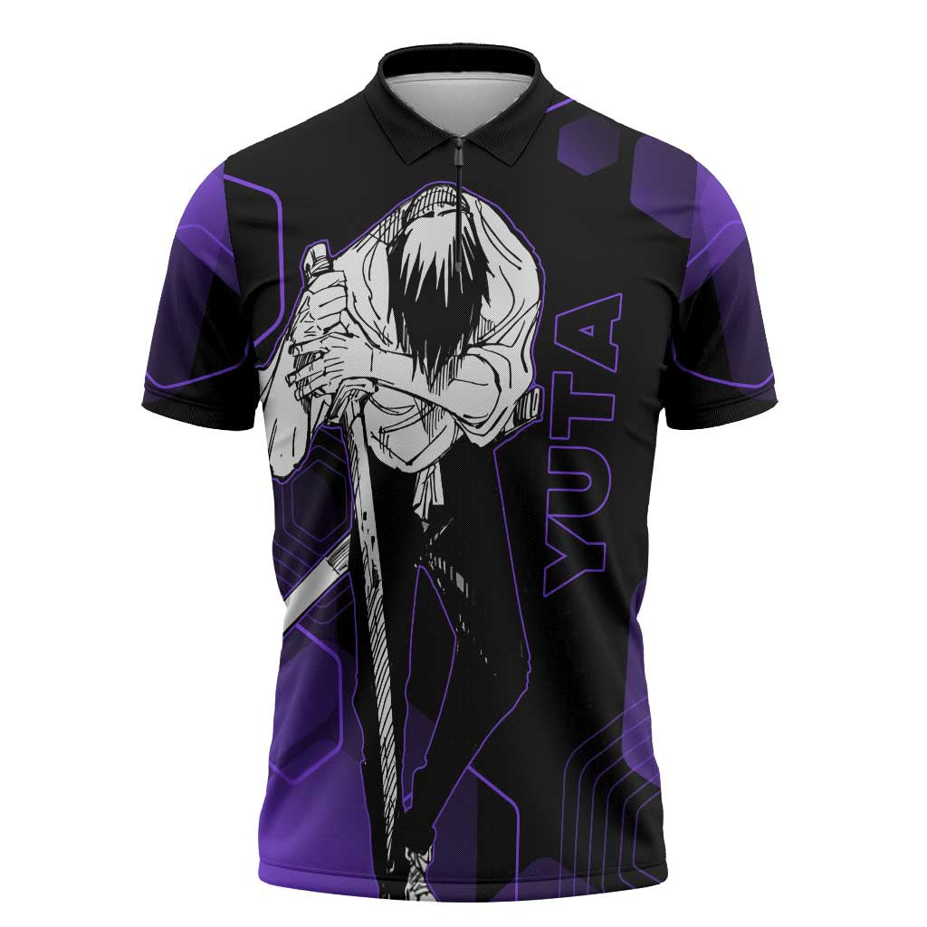 Yuta Okkotsu Jujutsu Kaisen Zipper Polo Shirt Purple Hexagon Design - The Mazicc