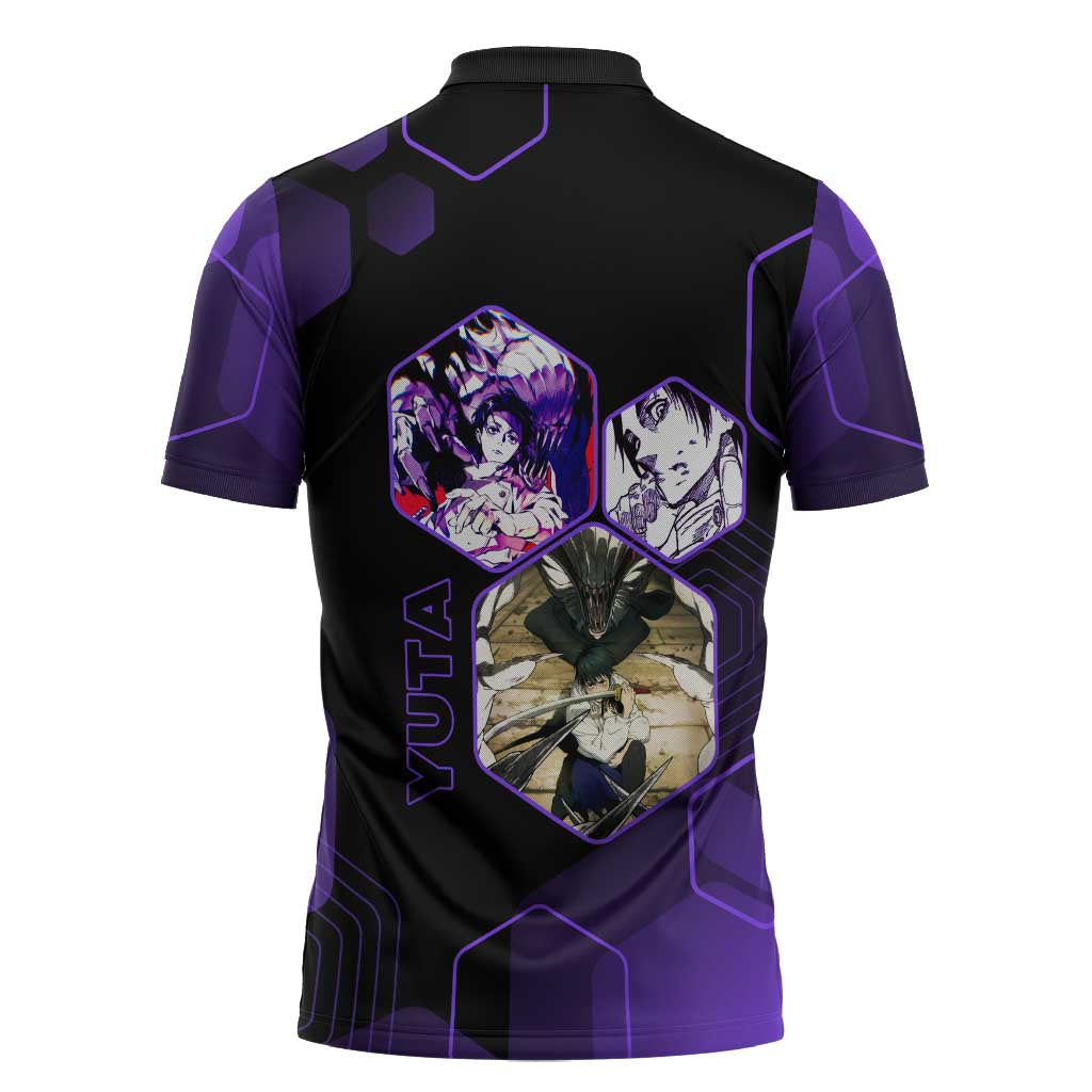 Yuta Okkotsu Jujutsu Kaisen Zipper Polo Shirt Purple Hexagon Design - The Mazicc