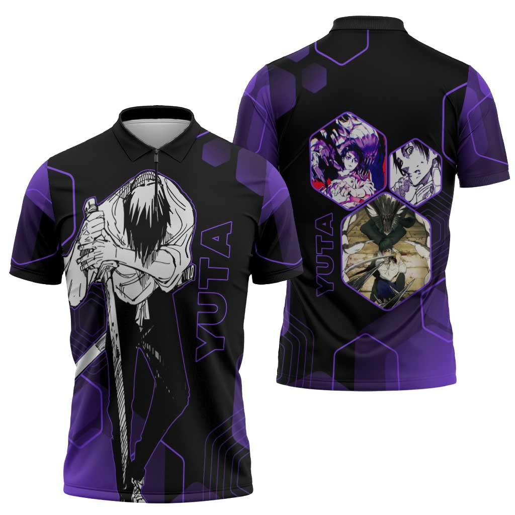 Yuta Okkotsu Jujutsu Kaisen Zipper Polo Shirt Purple Hexagon Design - The Mazicc