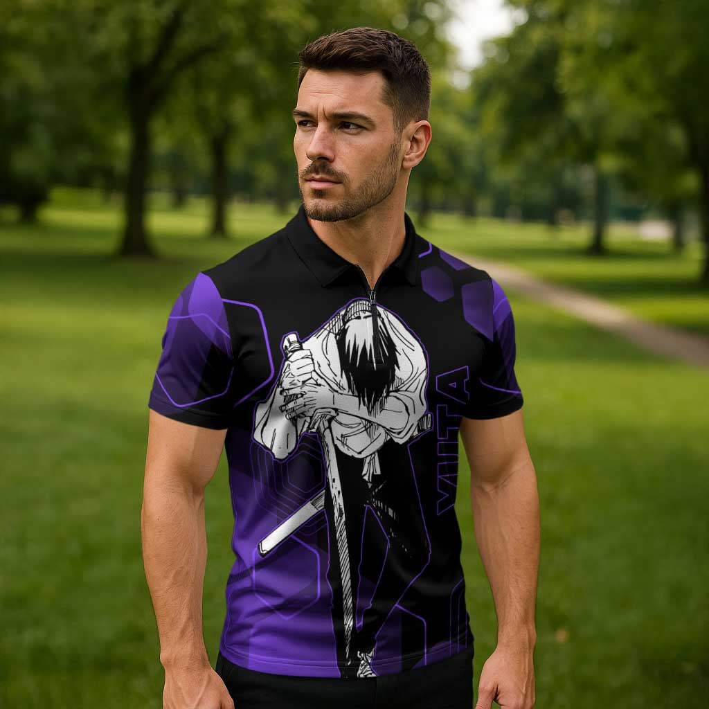 Yuta Okkotsu Jujutsu Kaisen Zipper Polo Shirt Purple Hexagon Design - The Mazicc