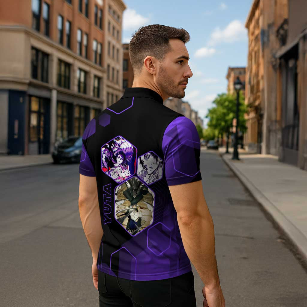 Yuta Okkotsu Jujutsu Kaisen Zipper Polo Shirt Purple Hexagon Design - The Mazicc