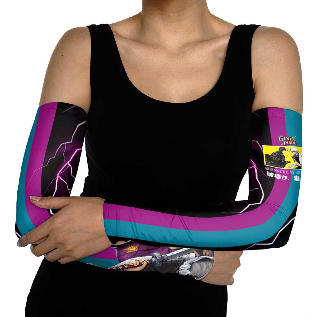 Shinsuke vs Gintoki Gintama Split Lightning Design Arm Sleeves with Sword Duel and Anime Showdown Theme - The Mazicc