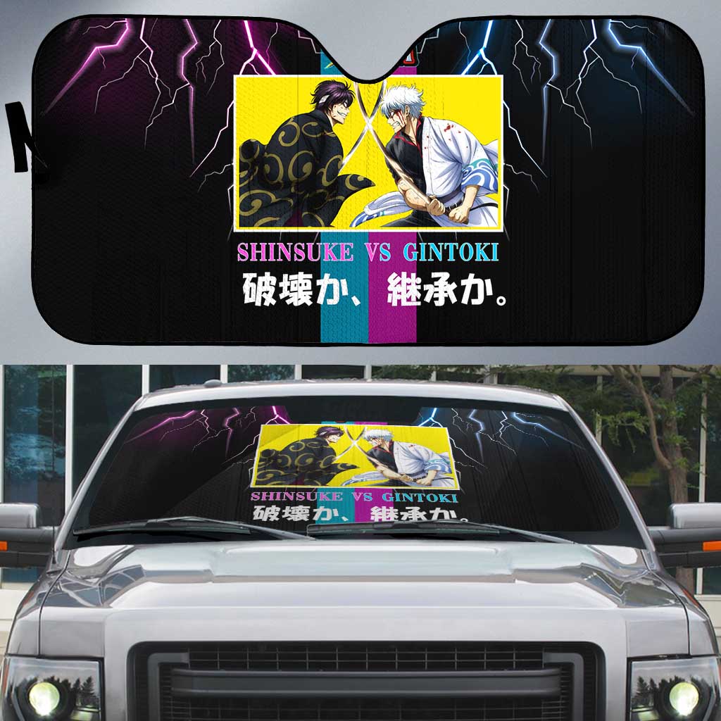 Shinsuke vs Gintoki Gintama Split Lightning Design Auto Sun Shade with Sword Duel and Anime Showdown Theme - The Mazicc