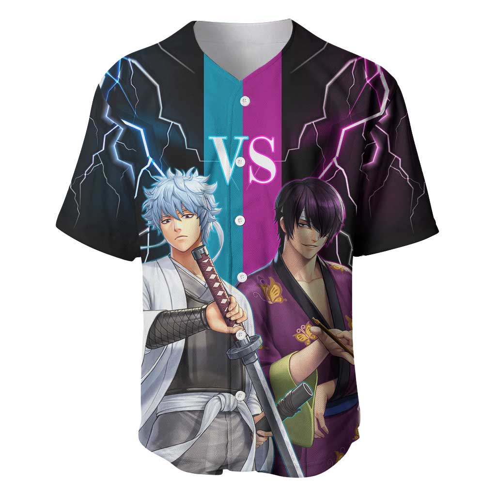 Shinsuke vs Gintoki Gintama Split Lightning Design Baseball Jersey with Sword Duel and Anime Showdown Theme - The Mazicc