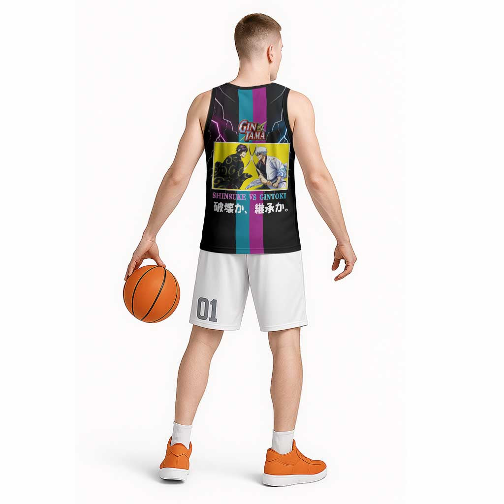Shinsuke vs Gintoki Gintama Split Lightning Design Basketball Jersey with Sword Duel and Anime Showdown Theme - The Mazicc