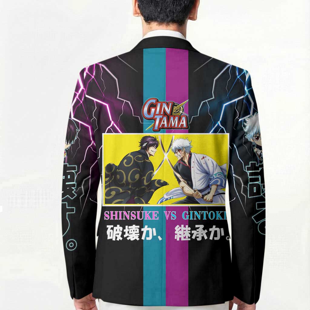 Shinsuke vs Gintoki Gintama Split Lightning Design Blazer with Sword Duel and Anime Showdown Theme - The Mazicc