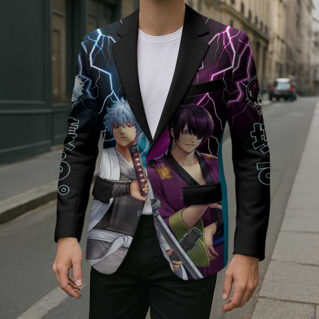 Shinsuke vs Gintoki Gintama Split Lightning Design Blazer with Sword Duel and Anime Showdown Theme - The Mazicc