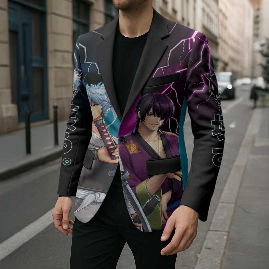Shinsuke vs Gintoki Gintama Split Lightning Design Blazer with Sword Duel and Anime Showdown Theme - The Mazicc