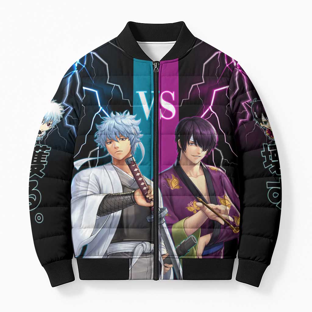 Shinsuke vs Gintoki Gintama Split Lightning Design Bomber Puffer Jacket with Sword Duel and Anime Showdown Theme - The Mazicc