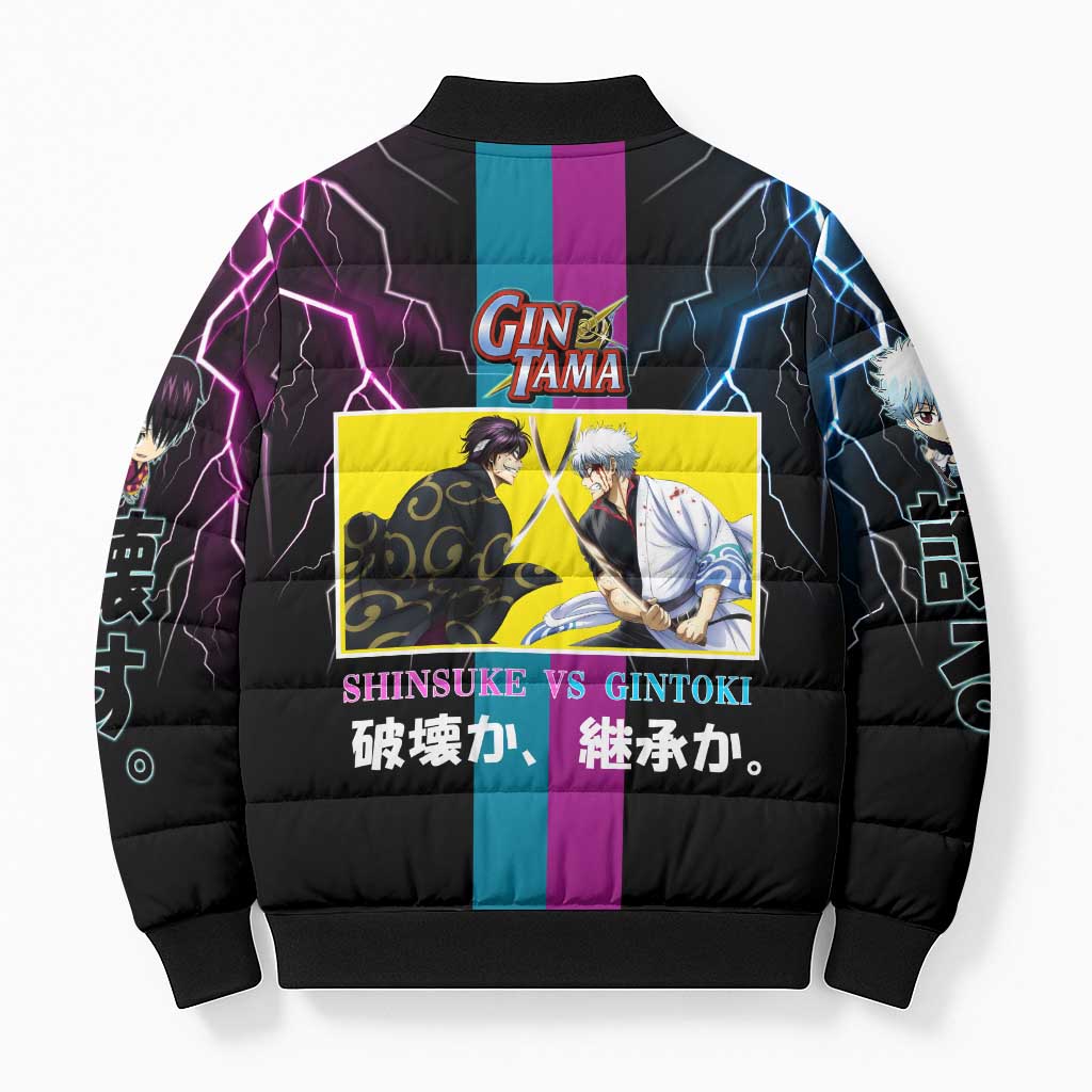 Shinsuke vs Gintoki Gintama Split Lightning Design Bomber Puffer Jacket with Sword Duel and Anime Showdown Theme - The Mazicc